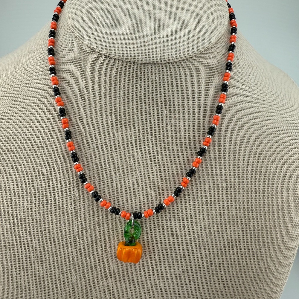 NEW Orange and Black Beaded Necklace with Pumpkin Pendant